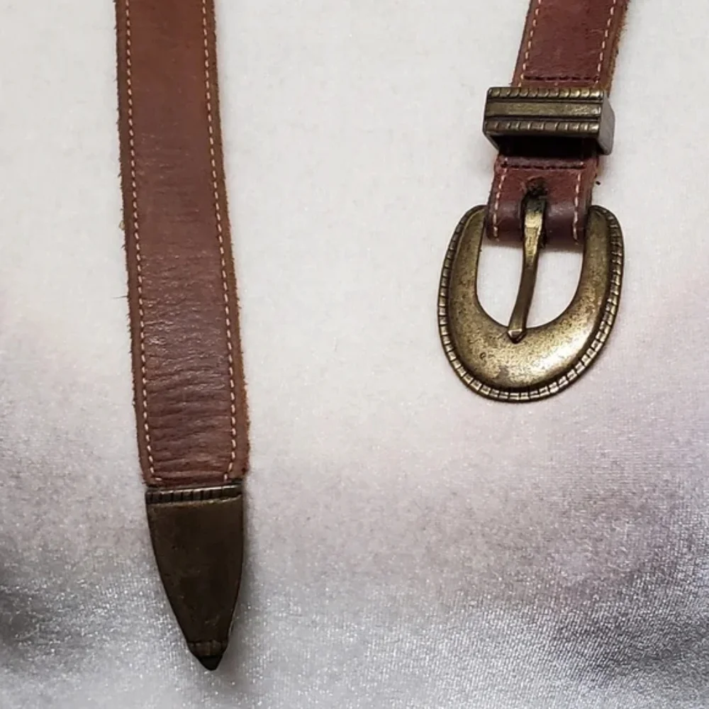 Unisex Vintage Joan & David Brown Leather Copper Stud Pointed Buckle Belt